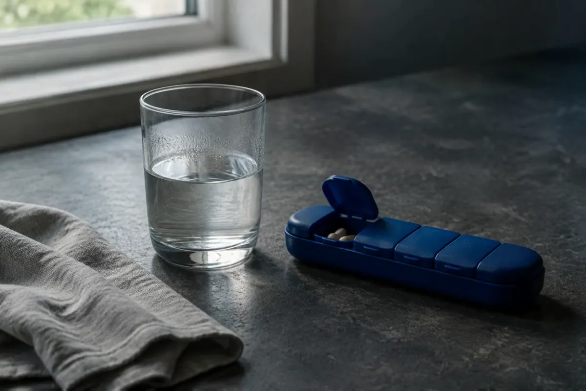 A water glass and cobalt daily organiser beside grey linen